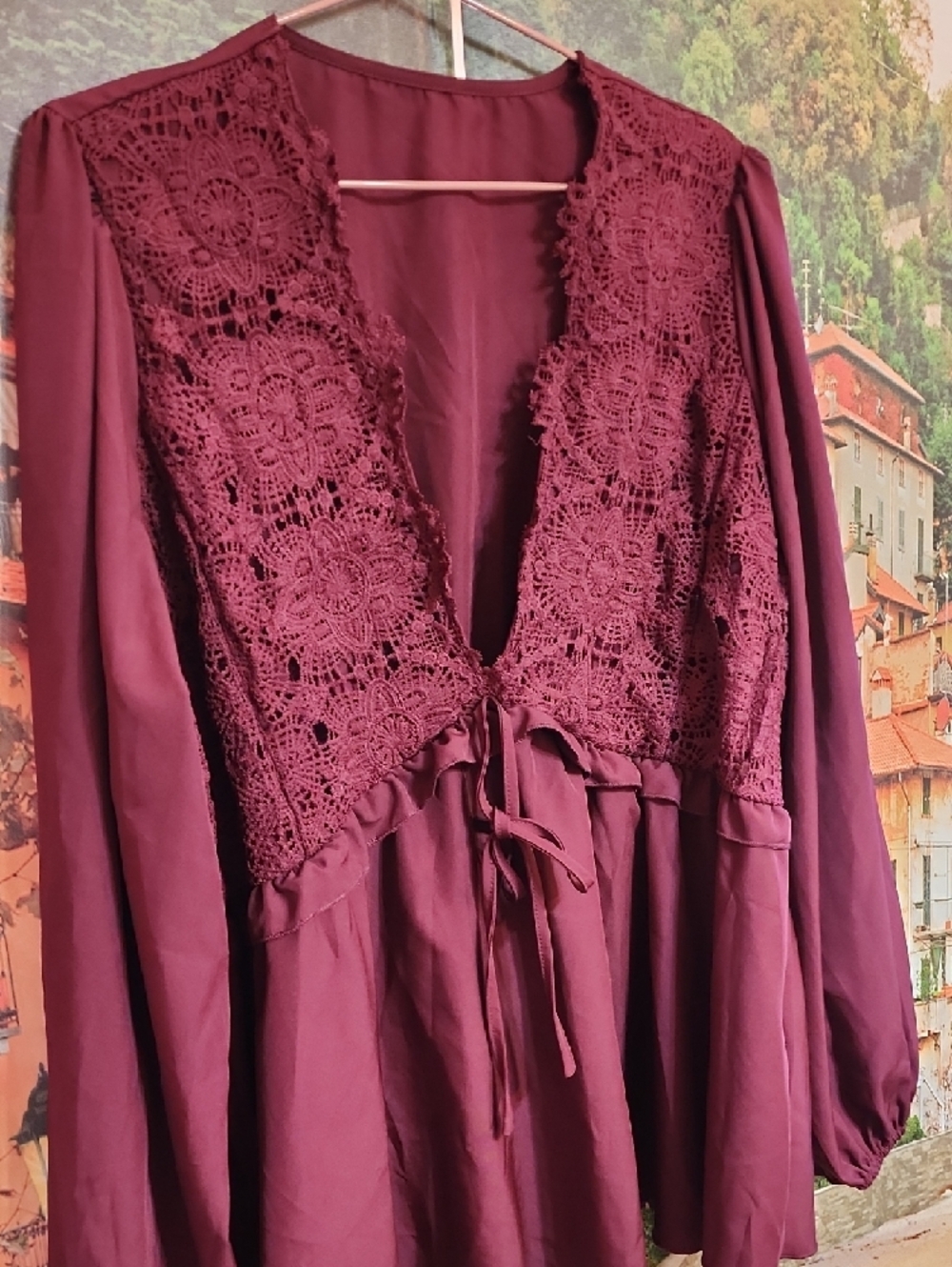 Women's Lace-Detail Peasant BO-Ho  Blouse - Burgundy - Picture 8 of 9